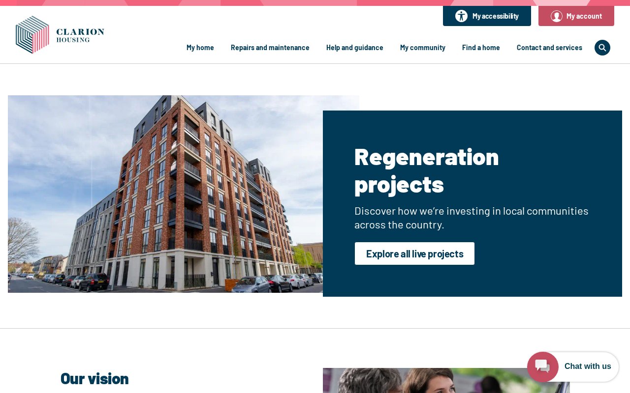 Clarion Housing regeneration projects page with the Explore all live projects button